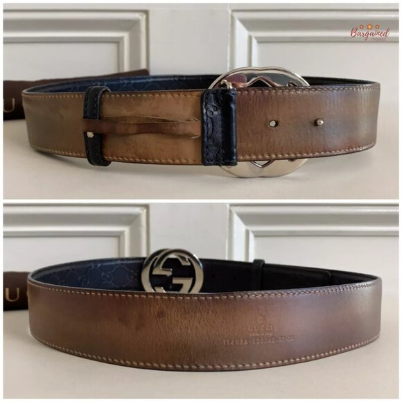 Authentic Gucci Black Guccissima Leather Silver Interlocking G Buckle Belt 85/32 - Picture 6 of 13